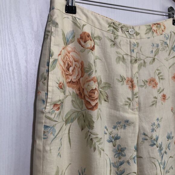Talbots Pants Womens 10 Yellow Linen Floral Cottage Ankle Tapered Resort Vintage - Picture 2 of 12